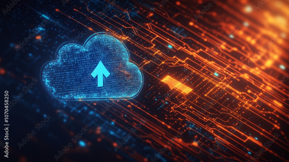 Poster a digital cloud icon with an upward arrow, representing data upload, set against a futuristic backgr