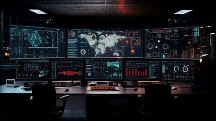 A dark room with a large bank of monitors displaying data and charts, likely a control room or a server room.