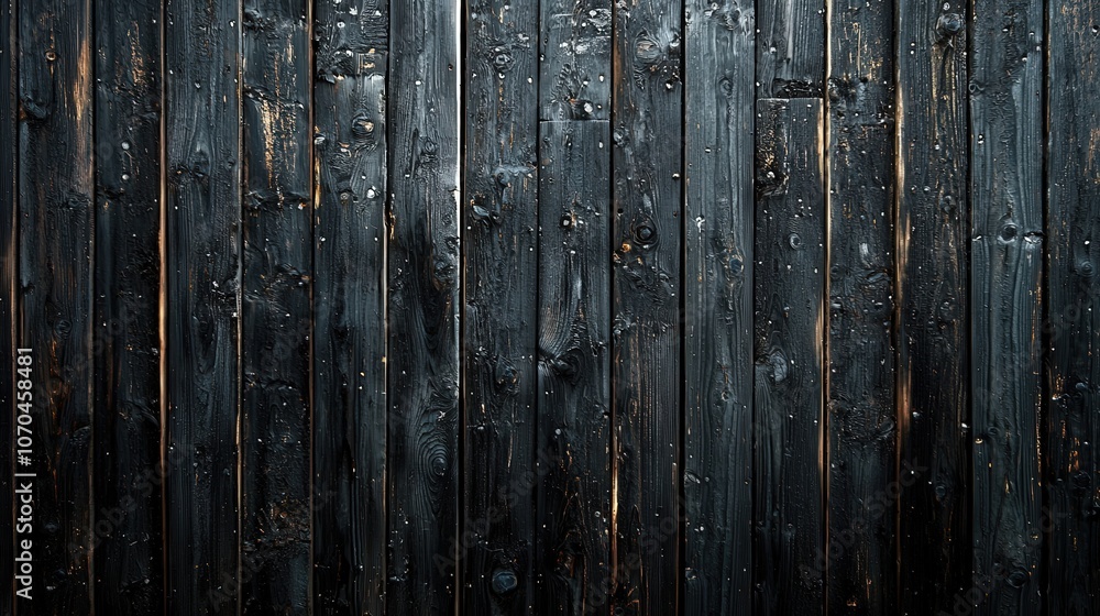 Aufkleber A dark wooden wall features closely arranged vertical planks, showcasing unique textures and natural imperfections that add rustic appeal and warmth to various settings