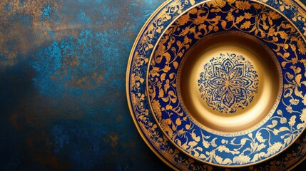 Fototapeta premium Hand-painted Arabian ceramic plate with blue and gold patterns. Copy space