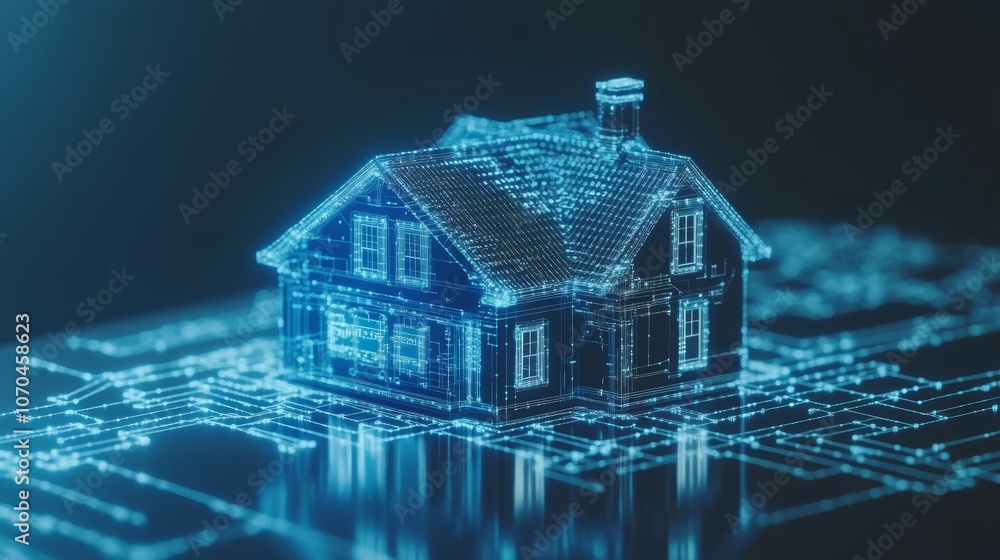 Poster a digital rendering of a house built on a circuit board, representing the concept of smart home tech