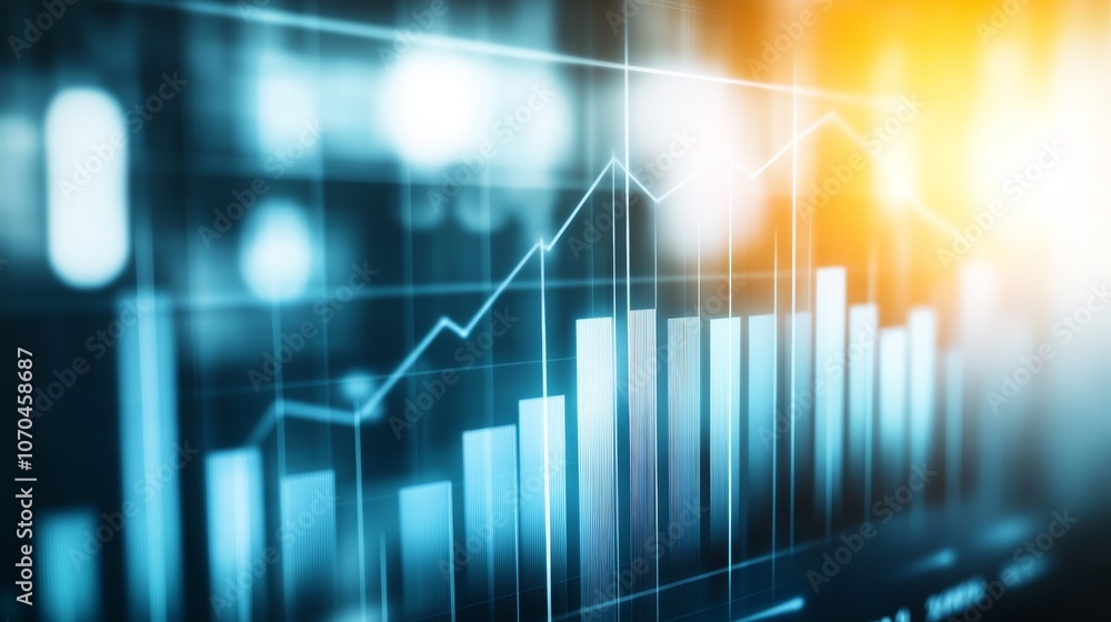 Poster a digital screen displaying a blue and orange graph with bars and a line showing upward growth.