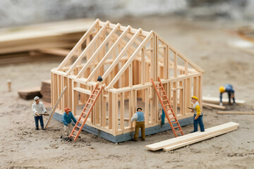 Tiny construction site with house frame and figurines amid dusty tools