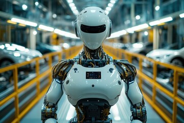 The humanoid robot is positioned in the center of a modern car manufacturing facility, surrounded by vehicles and illuminated by overhead lights