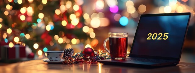 laptop on the table in the office glasses of champagne Christmas tree 2025. Selective focus