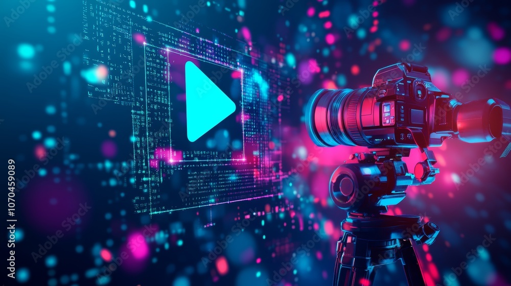 Poster a dslr camera on a tripod, pointed towards a large, glowing play button icon.