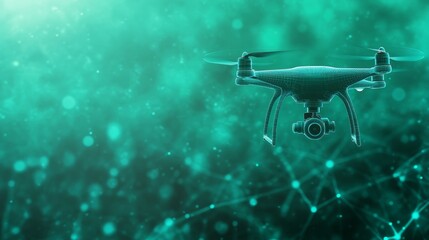 A drone with a camera hovers in the air, surrounded by a green, abstract, connected network of dots, suggesting the possibilities of drone technology in a digital world.