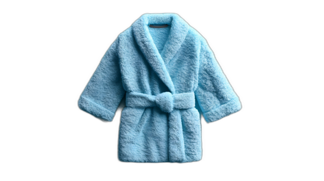 Full body shot. A fluffy bathrobe with a belt, neatly folded on a pastel blue background, 4k resolution, no background, no shadow