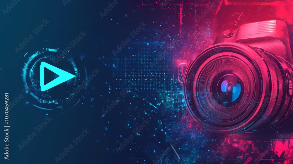 Poster a dslr camera with a play button icon in a futuristic, techy background.