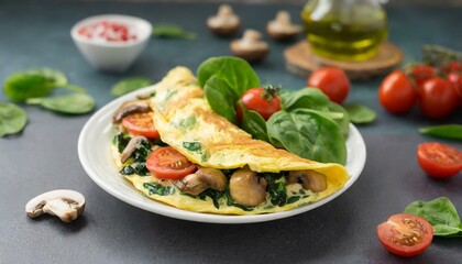 Egg white omelette filled with spinach, tomatoes, onions, and mushrooms. Energy breakfast full of vitamins, antioxidants and fiber. Healthy diet weight loss 