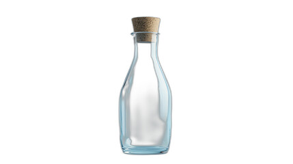 Full body shot. A stylish glass water carafe with a cork lid, positioned upright on a soft blue background, 4k resolution, no background, no shadow
