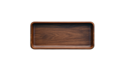 Full body shot. A sleek, rectangular tray made of dark wood, lying flat on a pastel blue background, 4k resolution, no background, no shadow