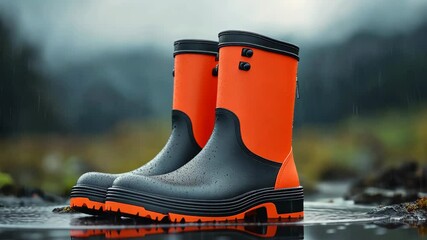 A pair of black and orange rain boots stand in a puddle on a rainy day