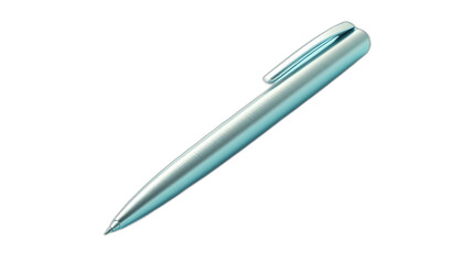 Full body shot. A silver ballpoint pen lying flat with a polished surface, positioned on a light blue background, 4k resolution, no background, no shadow