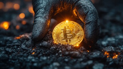 Miner holding bitcoin cryptocurrency in burning coal mine
