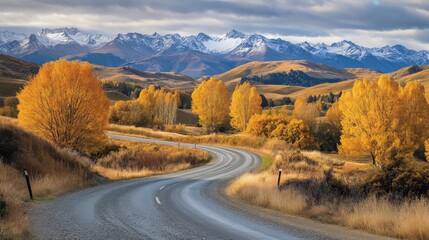 A scenic road winding through autumn foliage, mountains in the background 