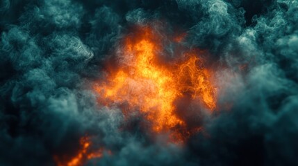 Abstract fiery explosion in dark smoke clouds.