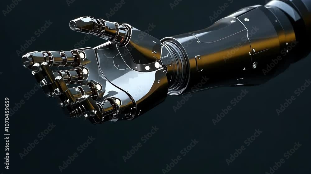 Poster a close-up of a metallic robotic arm with an open hand, against a dark background