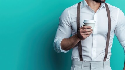 Man in White Shirt and Suspenders Holding a Coffee Cup