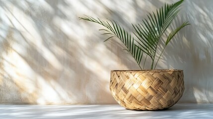 Fototapeta premium Handmade palm frond basket used in Emirati households. Copy space