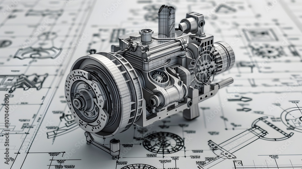 Poster a mechanical device is shown in a white background with a lot of detail. the device is a complex pie