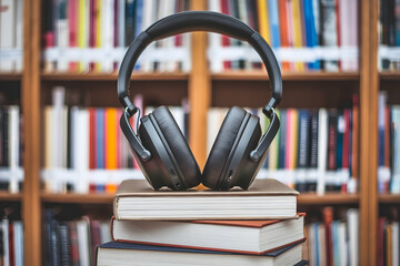 Black headphones rest on books, with cozy library backdrop