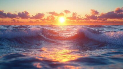 Fototapeta premium Serene sunset over ocean waves reflecting warm colors.