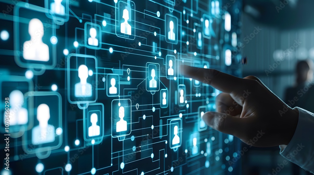 Poster a person is pointing at a screen with a lot of people on it. concept of a social network or a group 