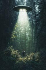 A man is being abductrd by an alien spaceship in the woods, UFO concept