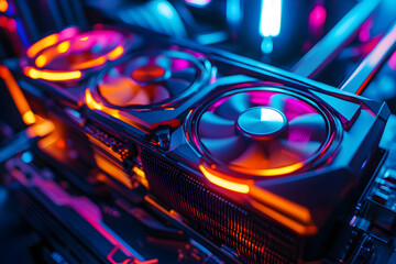 Close-up of a high-end graphics card with RGB lighting and cooling fans.