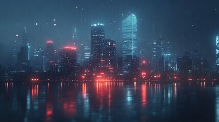 A futuristic city skyline with neon lights reflecting on the water.