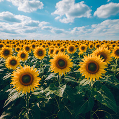 Fototapeta premium A vibrant field of sunflowers in full bloom under a bright blue sky with fluffy white clouds