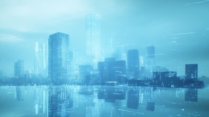 Obraz premium A futuristic city skyline with glowing lines and a reflection in the water.