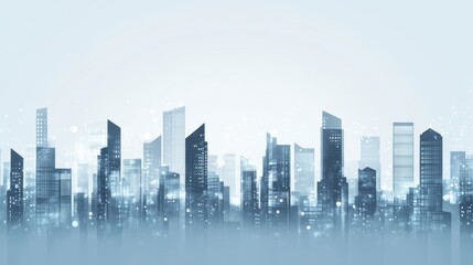 Fototapeta premium A futuristic city skyline with skyscrapers and glowing lights against a bright blue sky.