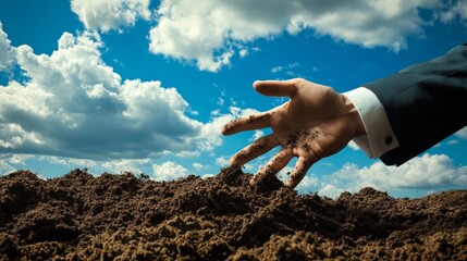 Businessman touching fertile soil under blue sky with clouds