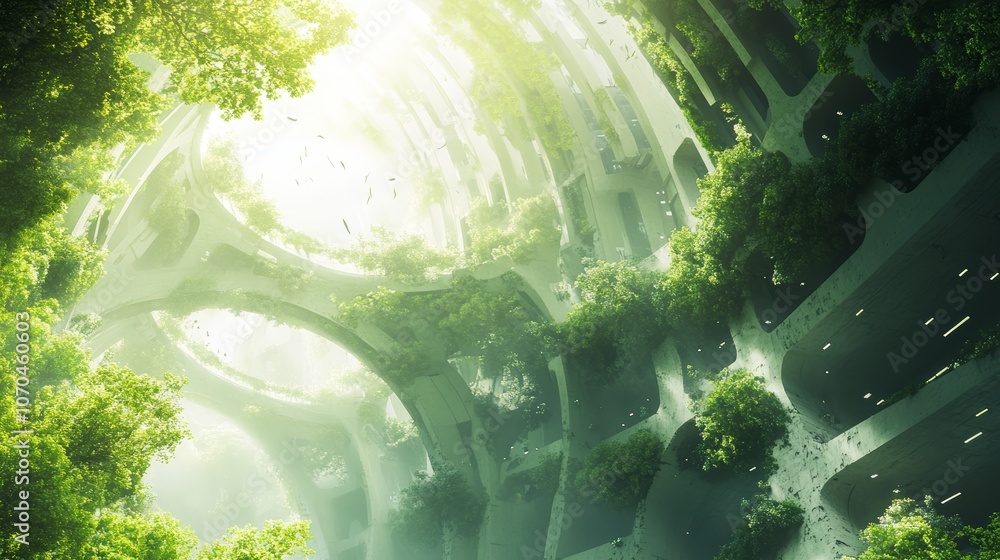 Poster a futuristic cityscape overgrown with trees and vegetation, creating a surreal and harmonious blend 