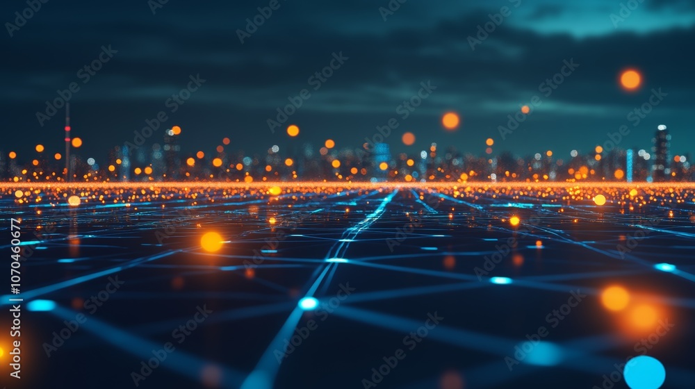 Poster a futuristic cityscape with a glowing network of lines and nodes, representing the interconnectednes