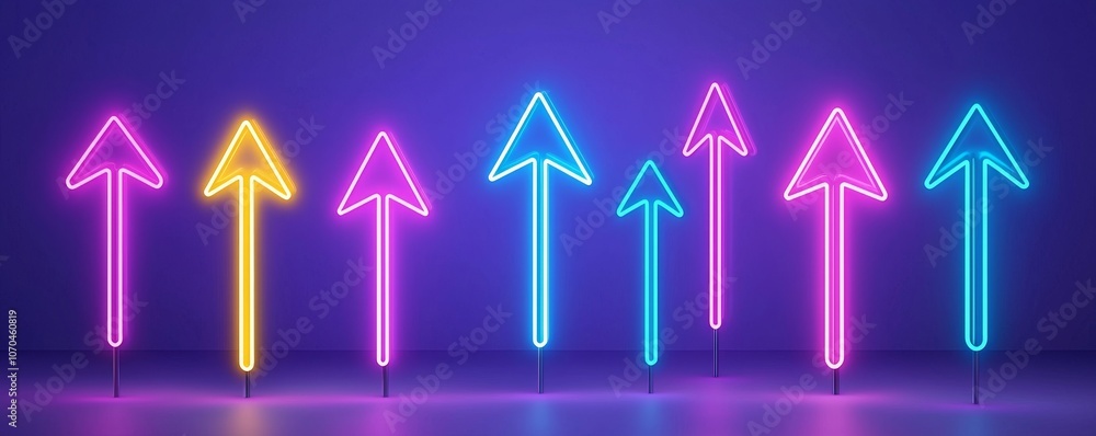 Poster perspective rendering of a neon light tunnel with geometric lamps in triangular shapes, and purple a