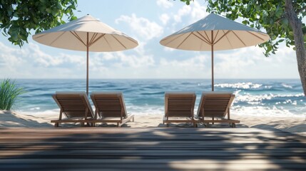 Obraz premium A beach scene with two umbrellas and two lounge chairs