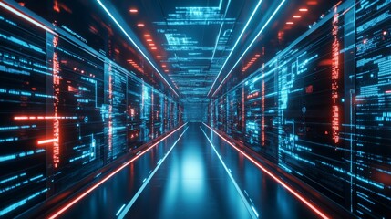Fototapeta premium A futuristic data center with red and blue neon lights shining on the walls, displaying binary code and digital data.