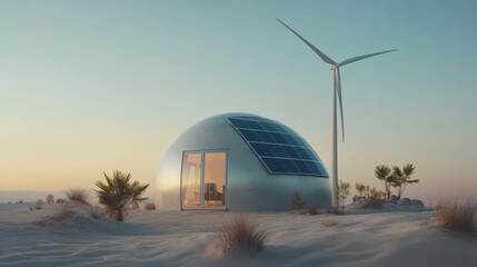 Fototapeta premium A futuristic dome-shaped house with solar panels and a wind turbine in a desert landscape at sunset.