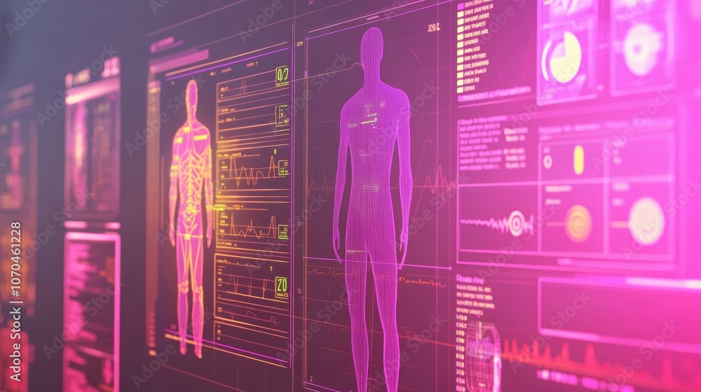 Poster a futuristic medical display showing a 3d rendering of a human body with various health data and vit
