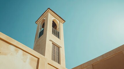 Historic wind tower architecture in Dubai old town. Copy space
