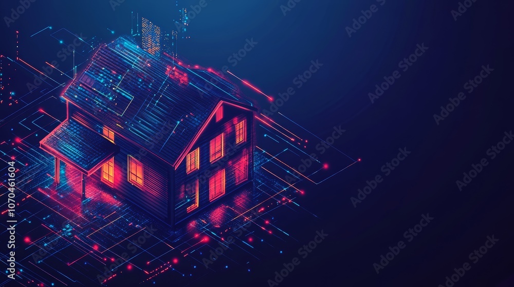 Poster a futuristic smart home with glowing lights and a digital network of lines and circuits.