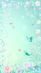 A delicate pastel green background with small white flowers, green vines,  butterflies, and a small blue bird.
