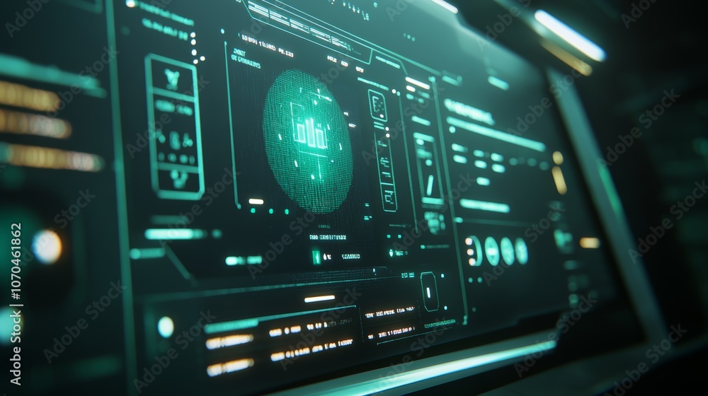 Poster a futuristic, sleek, green interface with data and information displayed on a screen.