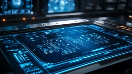 Fototapeta premium A futuristic, sci-fi control panel with a glowing blue interface and a sleek, modern design.