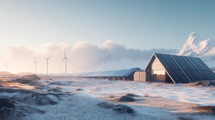 Fototapeta premium A futuristic, modern, and sustainable house with solar panels and wind turbines in a snowy mountain landscape.