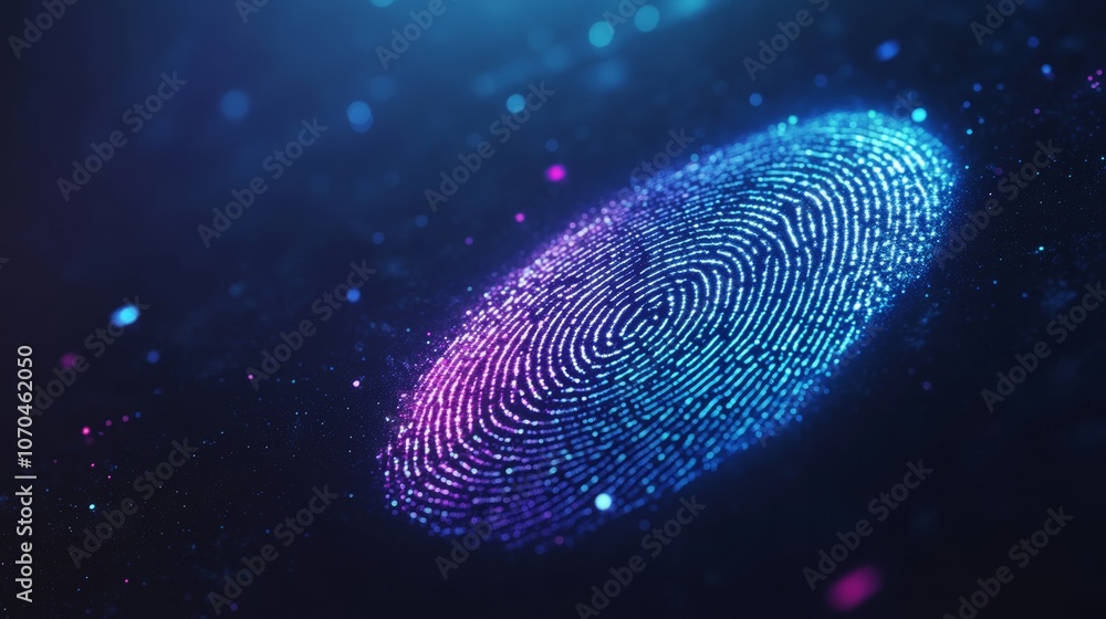 Poster a glowing blue and pink fingerprint composed of particles in a dark blue background with soft bokeh 