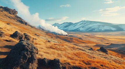 Obraz premium A geothermal power plant releases steam into the air, surrounded by mountains and grasslands.